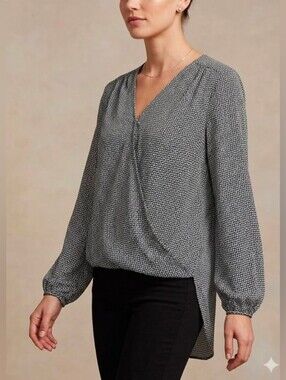 Max Studio Black and White Blouse Hi-Lo Lightweight Faux Wrap Blouse Size Small